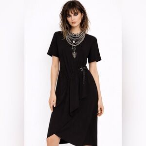 Asymmetric dress with buckles and drape-8